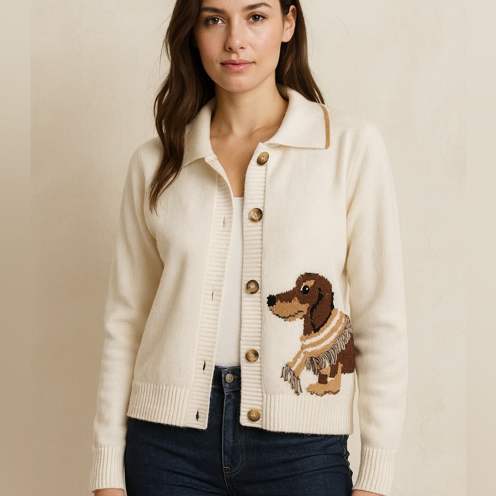 026. Cream Cardigan with 3D Dog Design - Picture 1 of 3